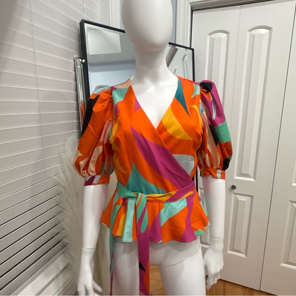 Vibrant Multicolor Wrap Blouse with Puff Sleeves
